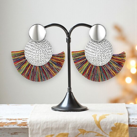 Boho Chic Rainbowโ Fan Earrings - Statement Fringe Tassel Summer Style ๐ - Picture 5 of 11